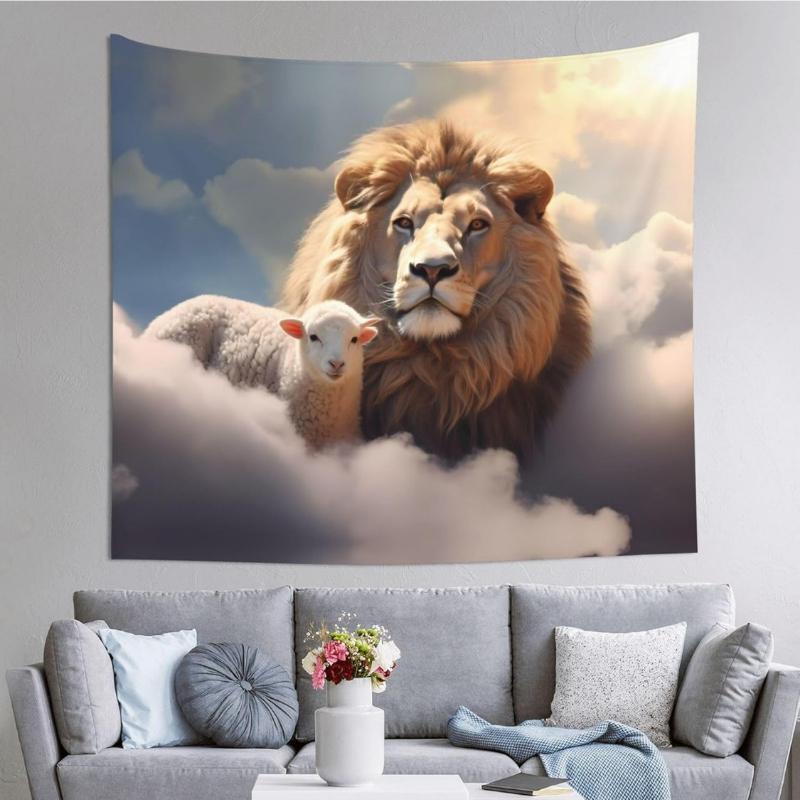 Divine Lion And Lamb Tapestry, Majestic Lion And Gentle Lamb In Peaceful Cloudy Sky With Warm Sunlight Wall Art For Aesthetic
