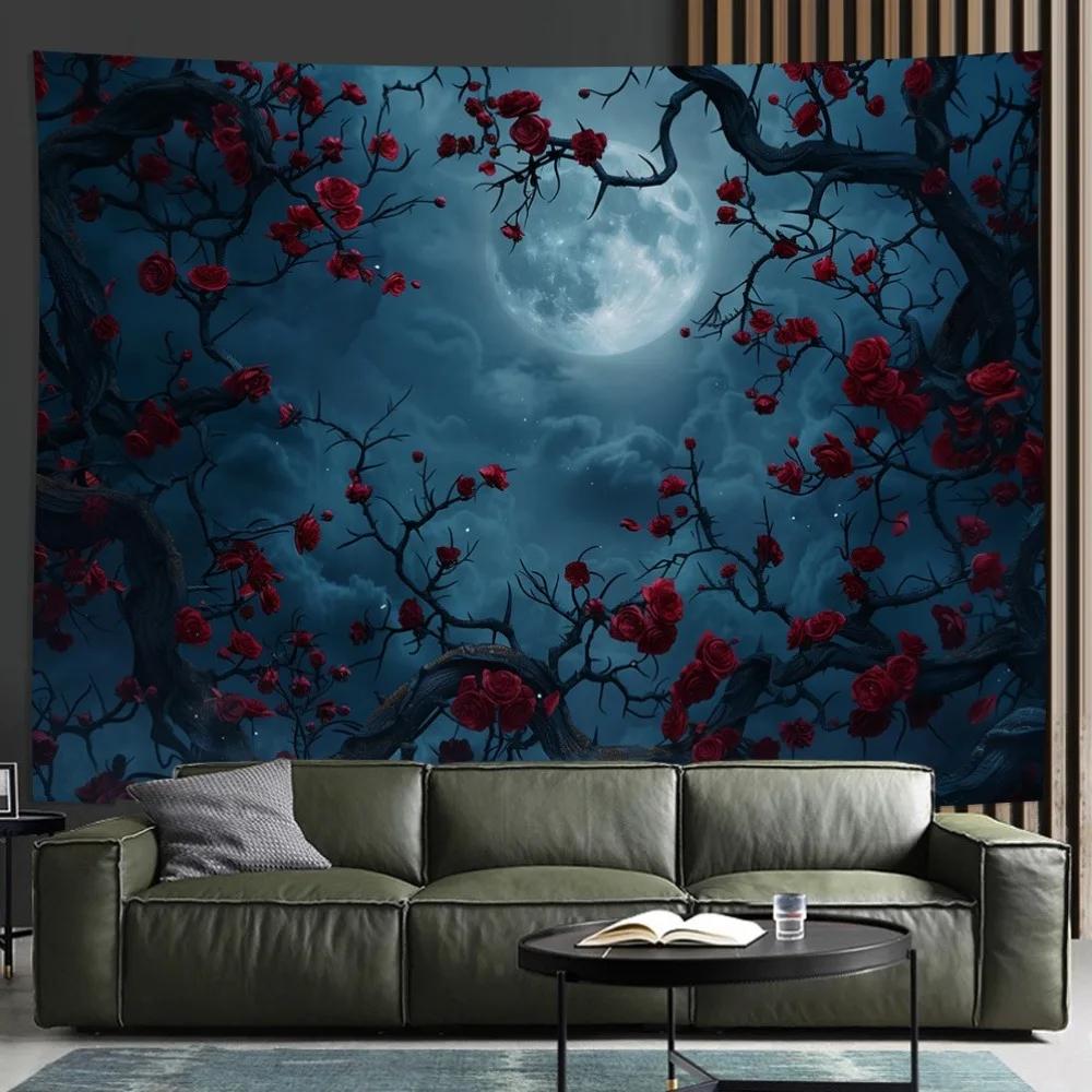 Lunar Red Rose Tapestry Elegant Polyester Design Twisted Branches Full Moon Art Living Room Bedroom Office Wall Decor
