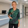 Women’s V Neck Floral Print Scrub Top with Pockets Side Slit 3/4 Sleeve Uniform Shirt for Nurses Healthcare