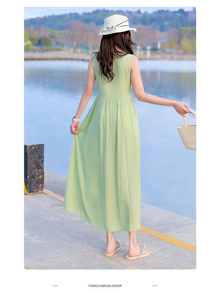 New Women's Summer Sleeveless French Silk-Cotton Beach Dress