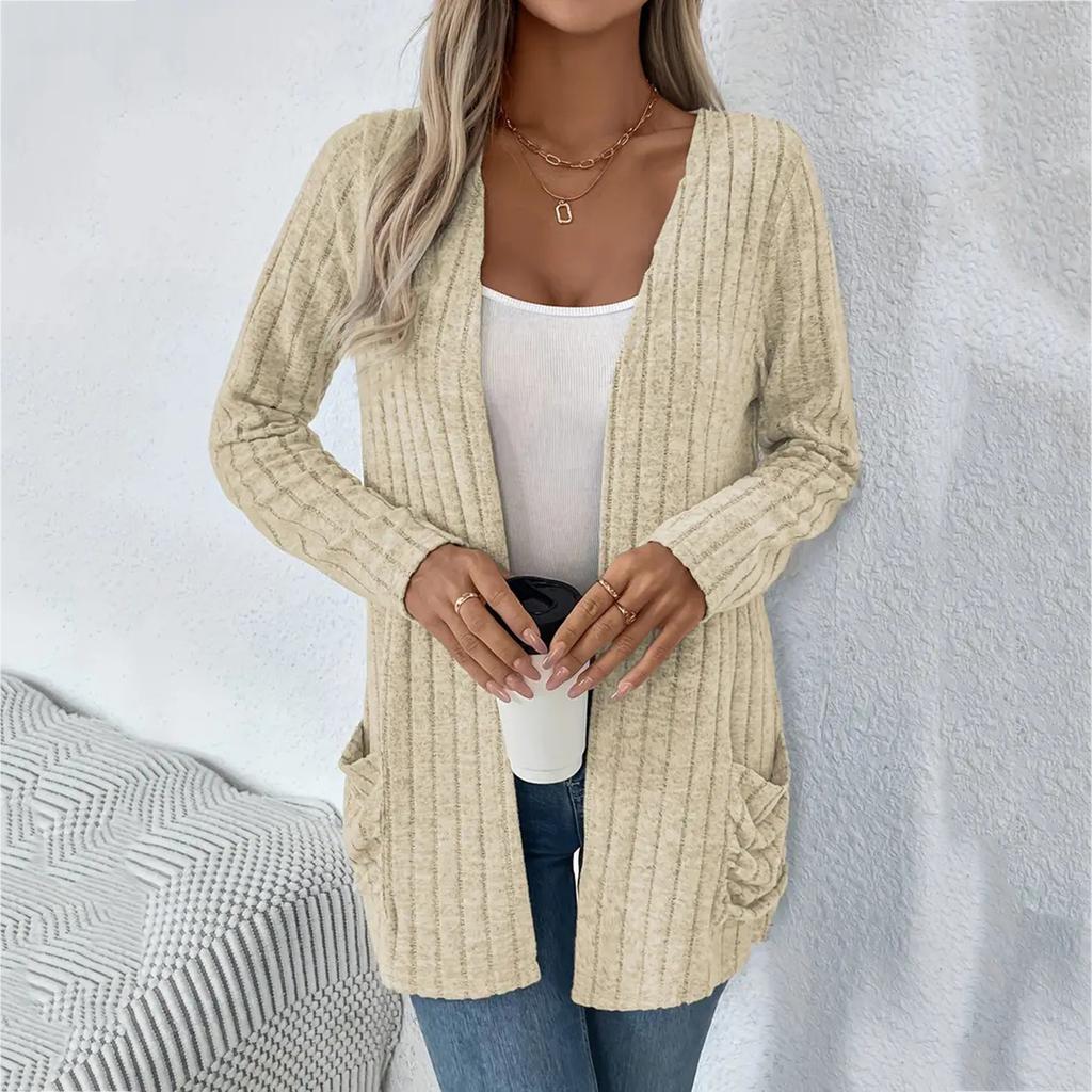 Women's Fashionable Loose Color Ribbed Brushed Pocket Cardigan Long,sleeved Coat