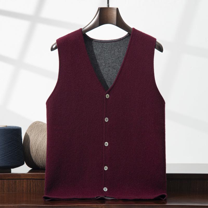 Men's Loose Casual V-neck Color Block Thickened Cashmere Knitted Sleeveless Vest Cardigan