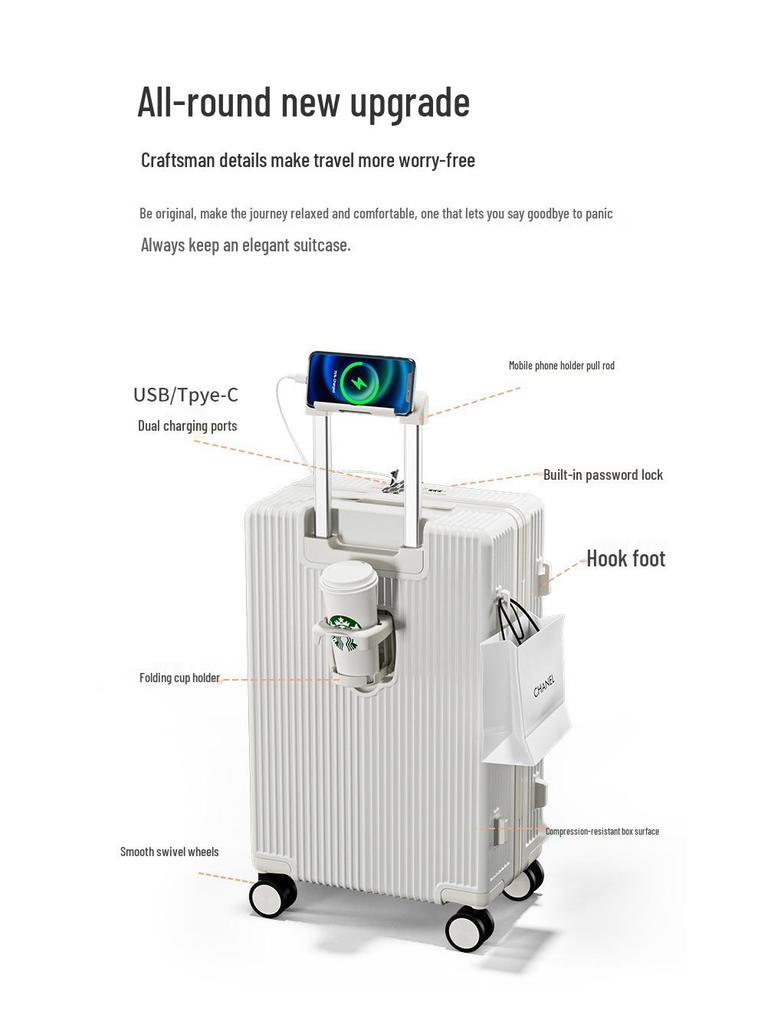 24-inch Multifunctional Suitcase with Cup Holder & Universal Wheels, Carry-On Trolley Case with Combination Lock for Men & Women.