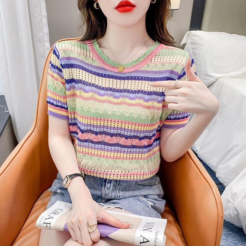 French Round Neck Color Striped Short Sleeved T-shirt for Women's Summer Hollow Knitted Base Shirt Casual Top