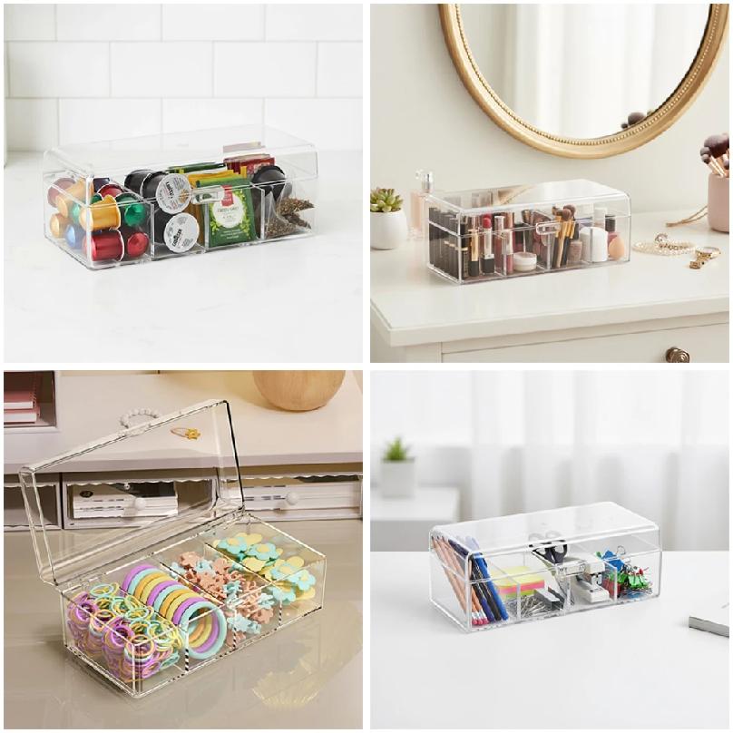 4 Compartment Lidded Storage Box Tea Bag Storage Box Food Storage Organizer Dustproof Multifunctional for Cosmetics,  Stationery