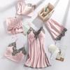 5 STUKS Nachtkleding Slaappak Sexy Dames Kant Pyjama Sets V-hals Satijn Pyjama Intieme Lingerie Lente Nachtkleding Huispak