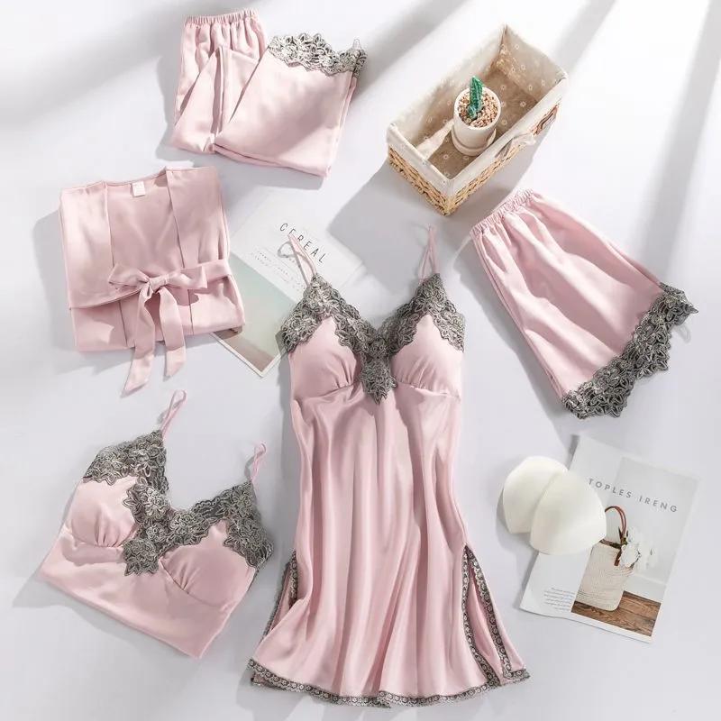 5 STUKS Nachtkleding Slaappak Sexy Dames Kant Pyjama Sets V-hals Satijn Pyjama Intieme Lingerie Lente Nachtkleding Huispak