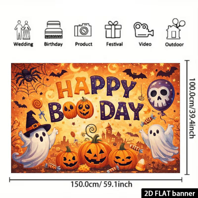 2D Spooky Halloween Boo Day Backdrop with Spider, Bats & Candy
