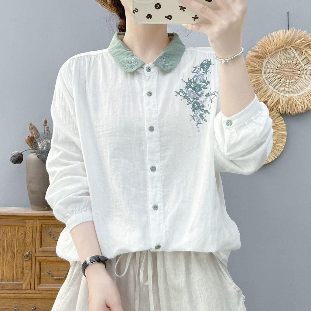 2025 Double-Layer Cotton Yarn Long-Sleeve Women's Retro Embroidered Collar Shirt