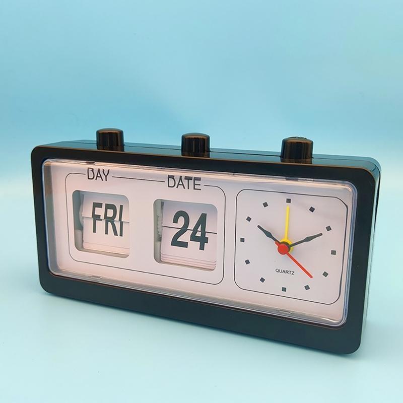 Elegant Vintage Manual Analog Flipped Calendar Alarm Clock for Office or Study