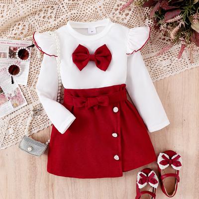 Kız Çocuk Günlük Takım Yaz Çocuk Modası Yuvarlak Yaka Fiyonklu Uzun Kollu Üst + A Kesim Etek Takım