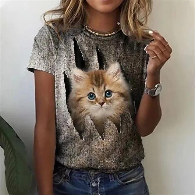Sommar Rundhals 3D Kattryck Topp Trendiga Vardagliga Kortärmade Dam T-shirts