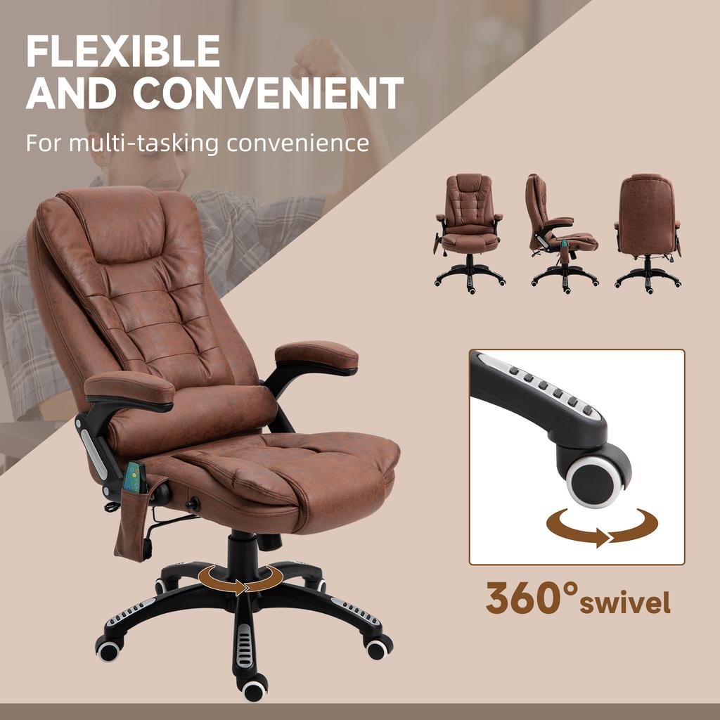 Massage Recliner Chair Heated Office Chair with Six Massage Points Microfiber Cloth 360 degrees Swivel Wheels Brown