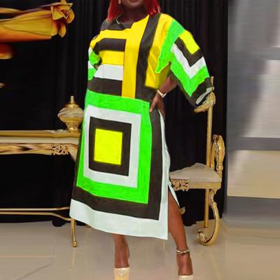 Women Plus Size Round Neck Long Sleeve Square Print Dresses