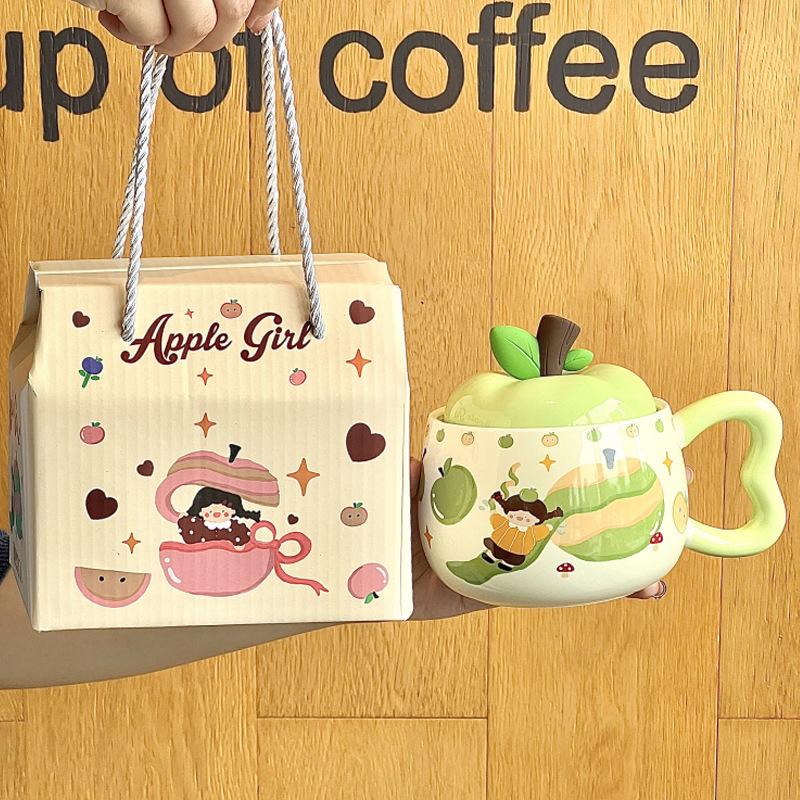 Birthday Gift for Girls Cute Fruit Girl Ceramic Mug with Lid Couple Best Friend Souvenir Gift Box