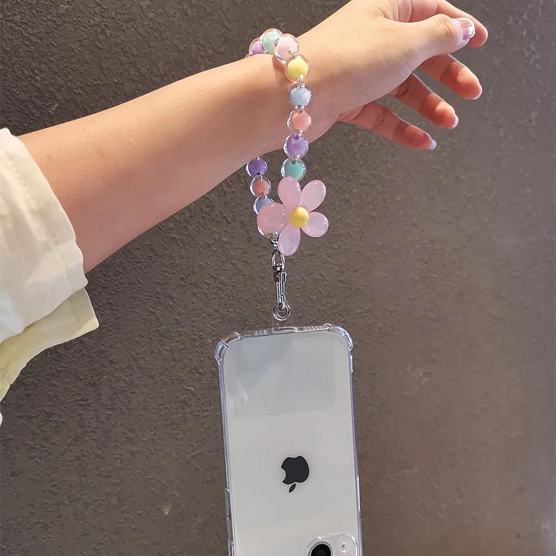 Phone Anti-lost Lanyard Key Short Wrist Pendant Women's Hand-held Chain Colorful Macaron Round Bead Pendant Mobile Phone Lanyard