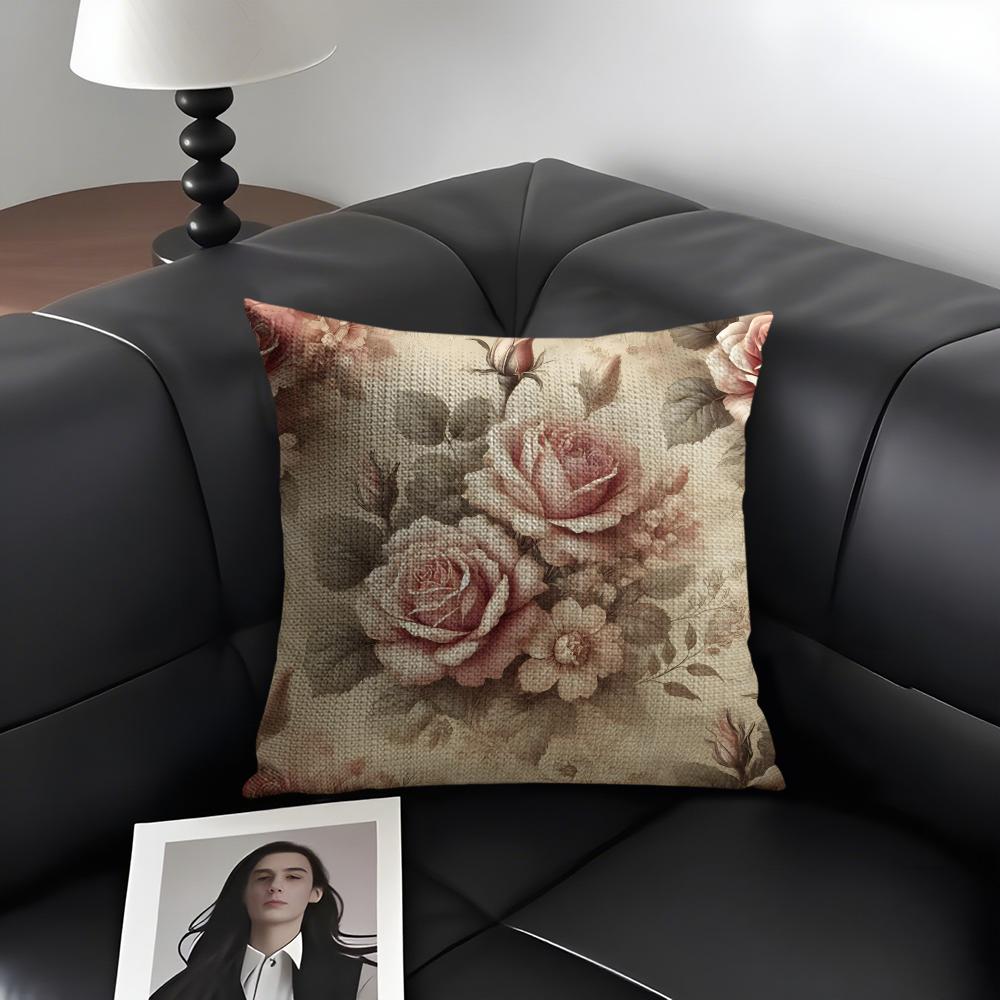 Rose Elegant Cushion Cover Natural Linen Organic Fabric DoubleSided Printing Sofa Home Decor Gift Pillow Case