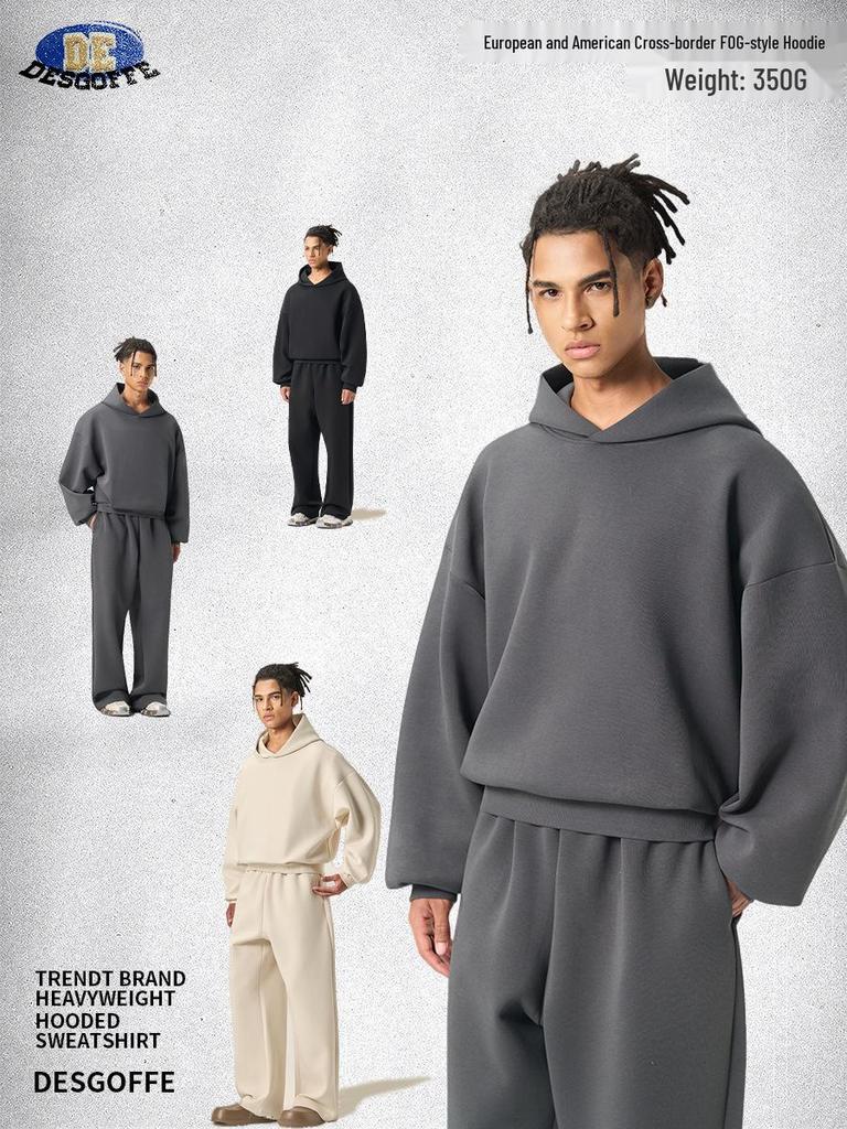 Trendy DE Men's 350G Boxy Hooded Sweatshirt | Wide Fog American Square Hoodie