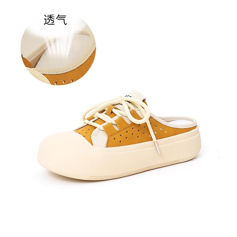 Leather slippers women's 2025 summer new girls wear fashion shoes breathable half slippers retro beach shoes