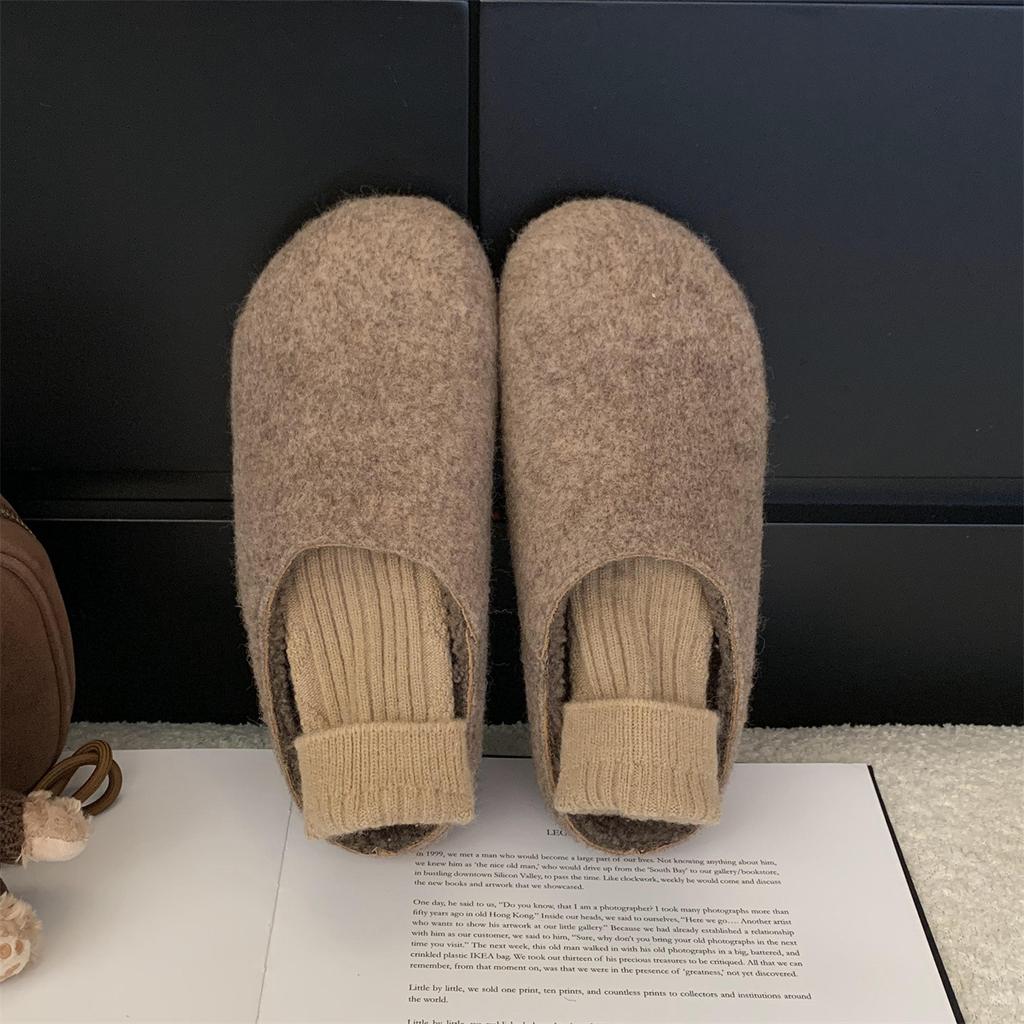 Fleece Birkenstocks women's thick-soled half-towed fluffy slippers women wear a pedal bag head towing