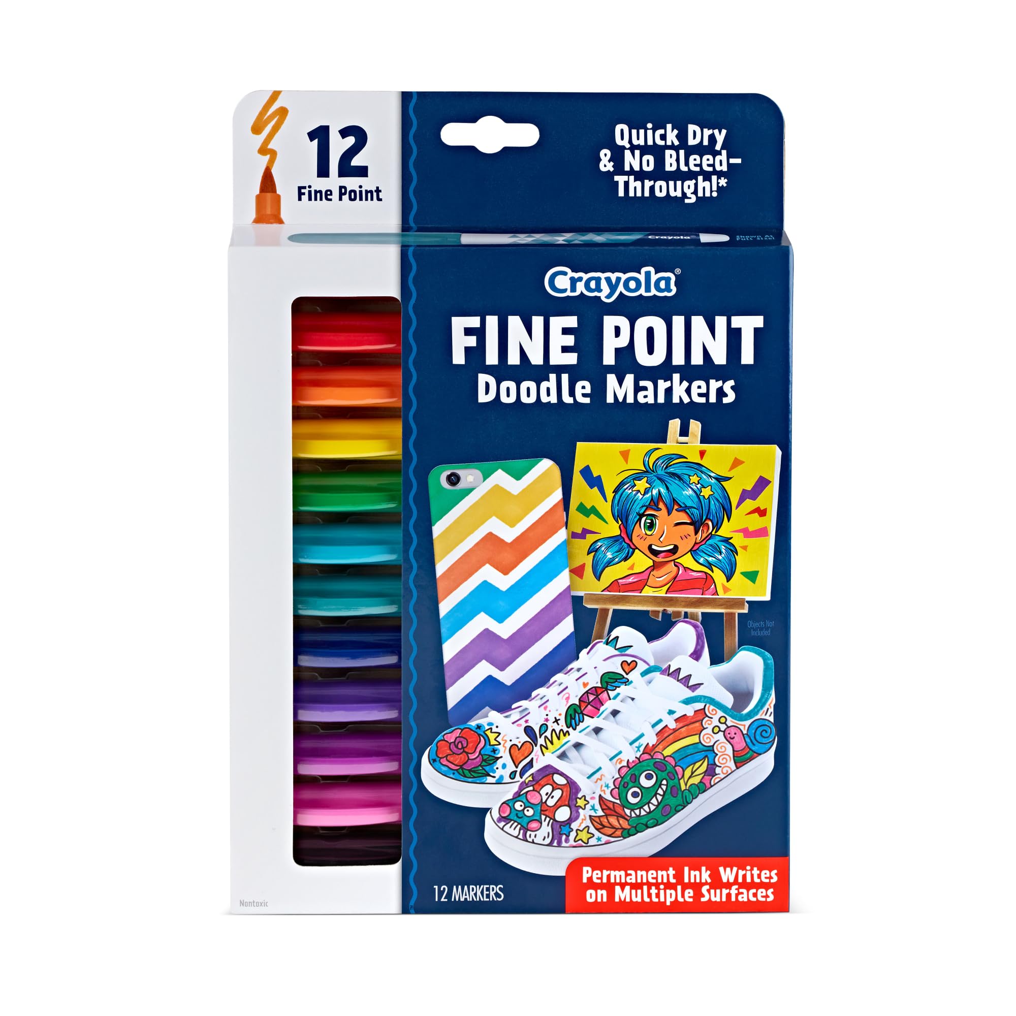 Crayola Finepoint Doodle 12 Fine 588312 Markers, Colors, Tip, Oil-Based Pens, (Authentic Product)