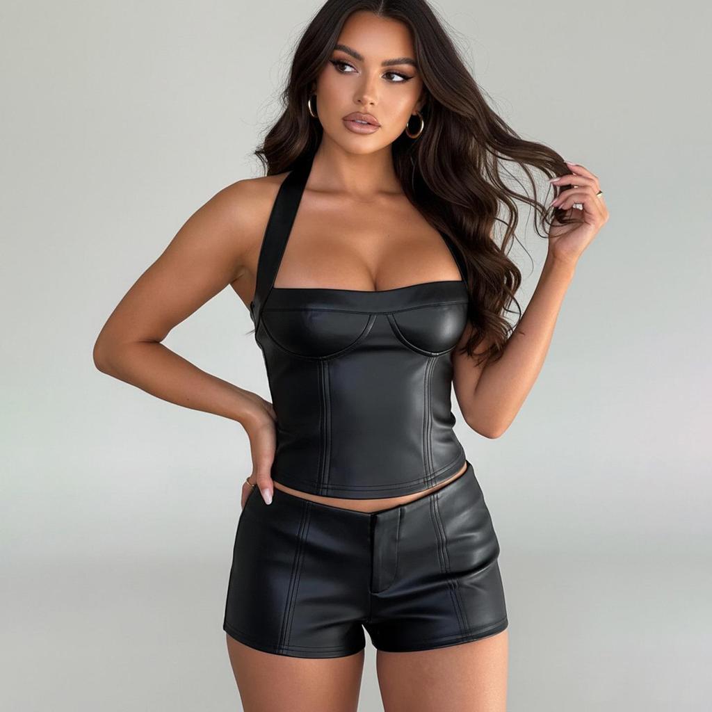 Sexy Street Style Leder-Neckholder-Top - Einfarbig, Tief ausgeschnitten Trendige Kleidung