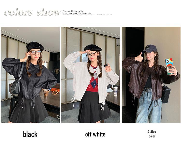 American Retro Casual PU Leather Drawstring Jacket - Autumn 2024, Small Size, Loose Fit, Age-Reducing Design