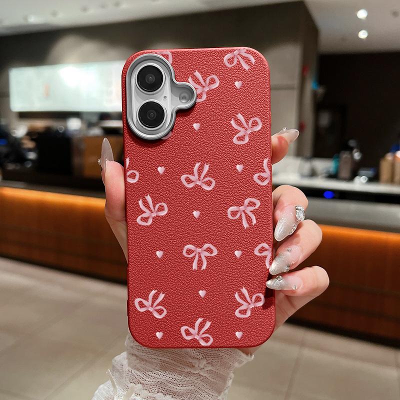 Cute Pink Bow Pattern Phone Case For iPhone 16 15 14 Pro Max 14 Plus 13 12 Pro 11 Shockproof Leather Texture TPU Silicone Cover