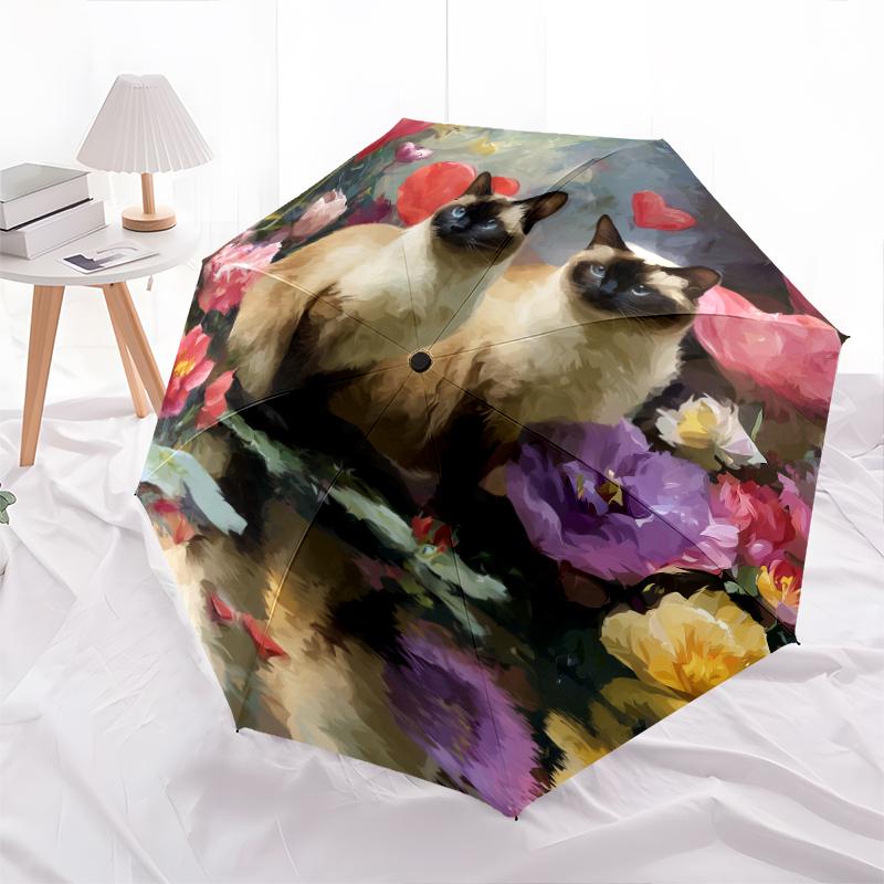 Two Siamese Cats pattern, automatic folding umbrella, portable and foldable design, 8 ribs, a Christmas or birthday gift.