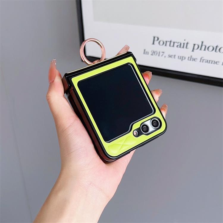 Applicable Samsung ZFlip5 Ring Holder Phone Case Galaxyzflip6 Rhombus Leather Case Fashion Case
