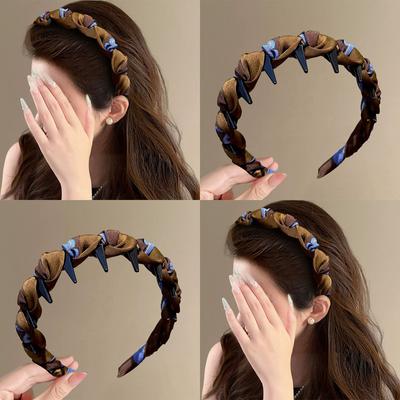 Bleu ambré marron ~ Bandeau ondulé rétro en tissu à dents pour femme, style moderne, idéal pour se laver le visage, barrette de voyage