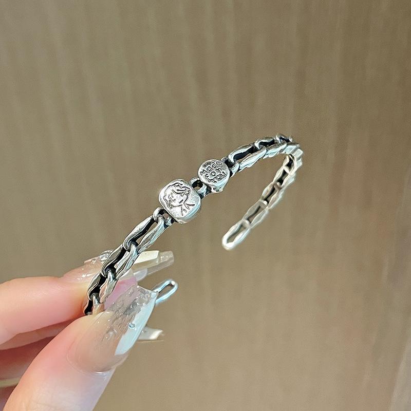 Thai Silver Retro Retro Cartoon Open Bracelet Trendy Fashion Cold Wind Simple Personality Student Fresh Bracelet
