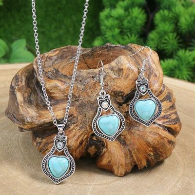 GemChic Women's New Vintage Ethnic Alloy Love Hollow Turquoise Pendant Necklace Earrings Two Piece Set Birthday Christmas Jewelry Gift