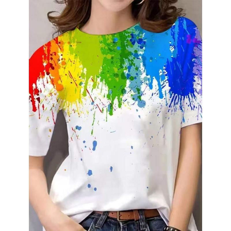 New Arrival Street Style Rainbow 3D Digital Print Short Sleeve T-Shirt Women's Fashionable round Neck Top plus Size INS