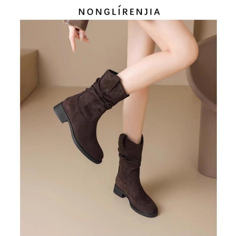 

Women Pleated High Heeled Ankle Boots Autumn New Pointed Toe Brown Cowboy Boots Woman Pu Leather Botas Shoes 35 коричневый