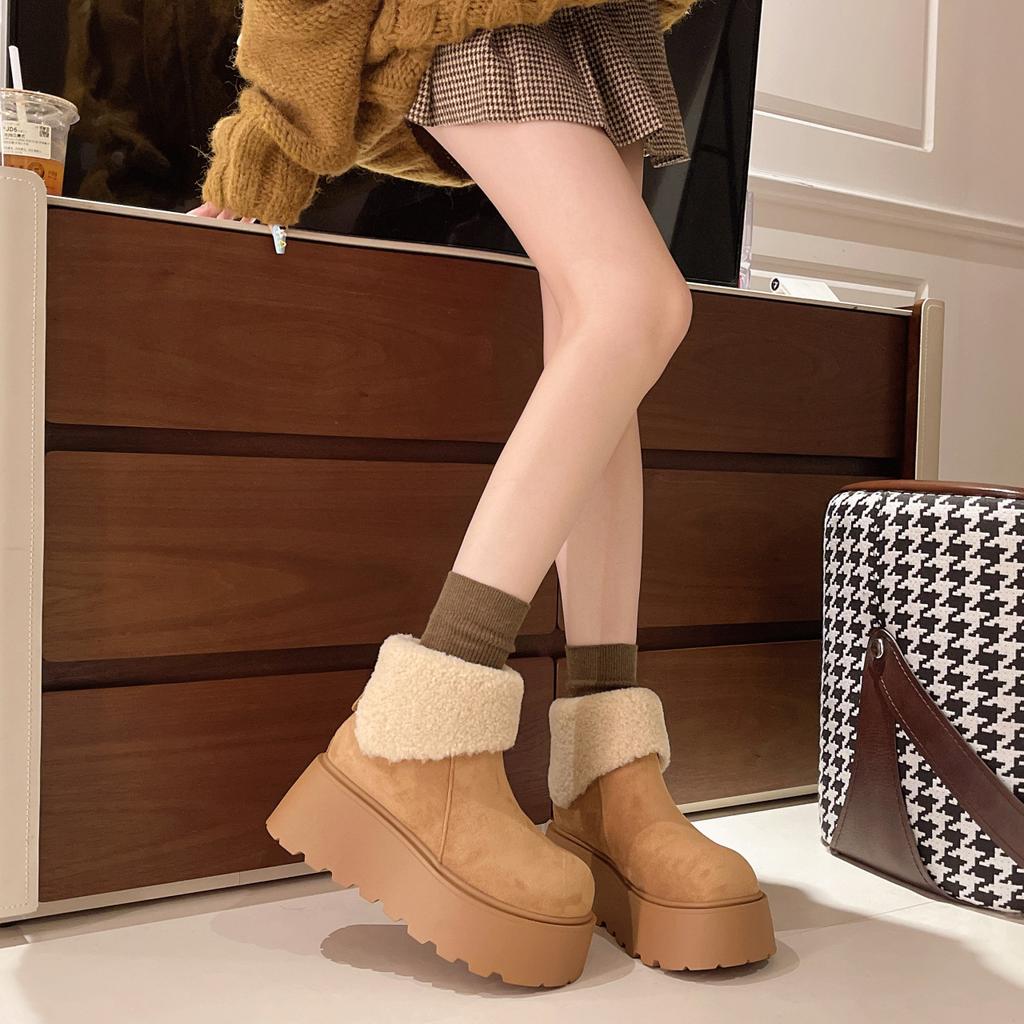 Leather Thick-soled Heightening Snow Boots Women's New Winter Piled Thickened Warm Fluffy Short Boots Cotton Shoes