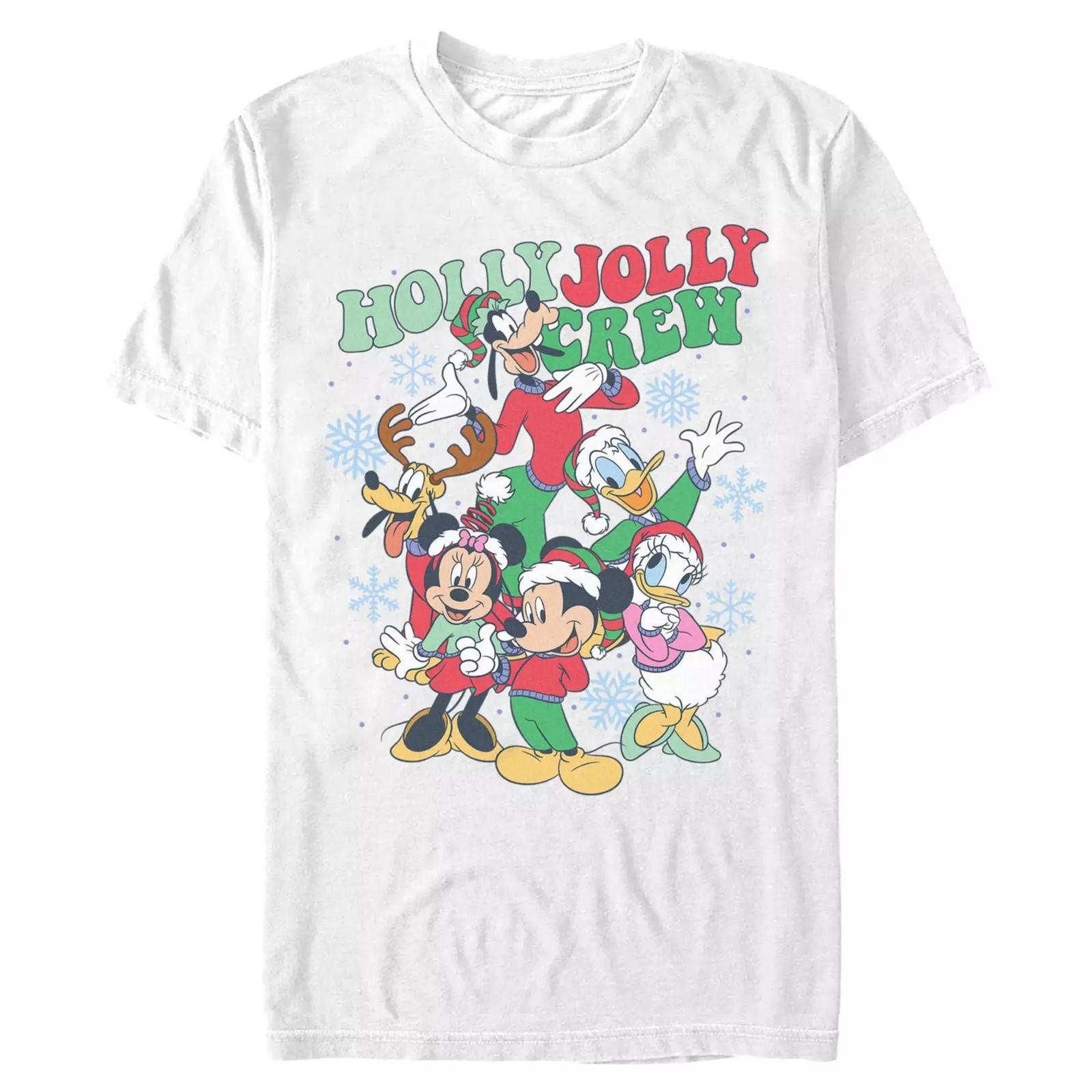 

Mickey Mouse and Friends Holly Jolly Crew 100% Cotton T-shirt Mens Tees Top for Adults Reprint M