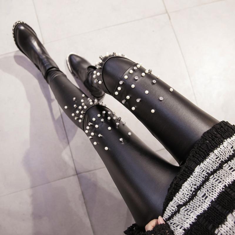 Knee hole lace rivet pu imitation leather leggings personalized slim-fitting high-waisted nine-point pants