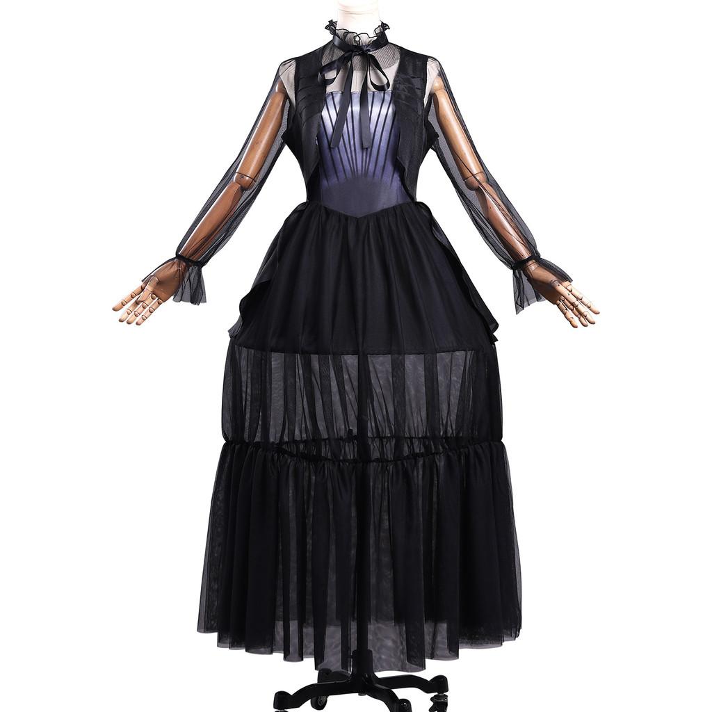 The Addams Family Wednesday Cosplay Costume With Black Hollow Out Dress For Halloween And Party