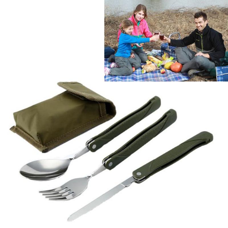 Stainless Steel Portable Folding Cutlery Set Fork Knife With Green Pouch Survival Camping Bag Outdoor Cutlery Container New