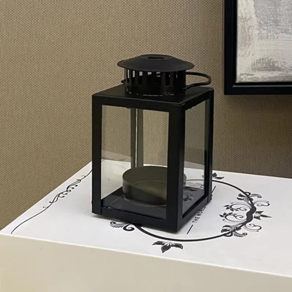 Black Iron Wind Lamp Wind-proof Outdoor Tea Light Retro Lantern Candle Stand  Wedding