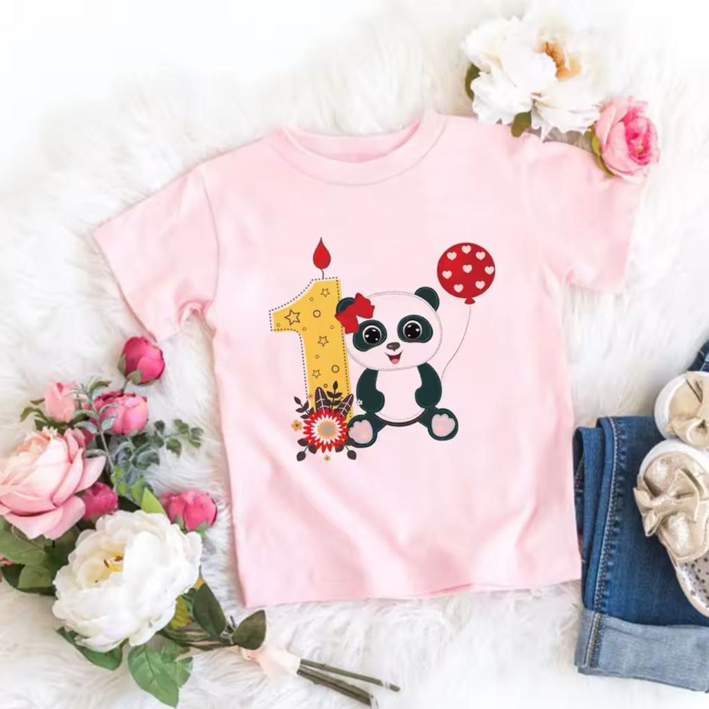 Hotselling Birthday Panda Digital Print Childrens Tshirts Roundneck Shortsleeved Tshirts for Boys and Girls Summer Modal