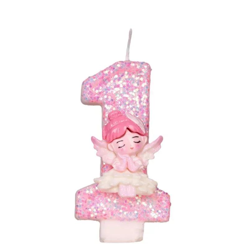 3D Number Candles for Cake Toper Decor, Pink Fairy Glitter, Digital Candles, Happy Birthday Party, Wedding Cake Decoration Acces