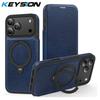 KEYSION Leather Flip Wallet Case for iPhone 15 16 17 Pro Max Air 16Plus 16e Cards Slots Magnetic 360 Ring Stand Phone Back Cover