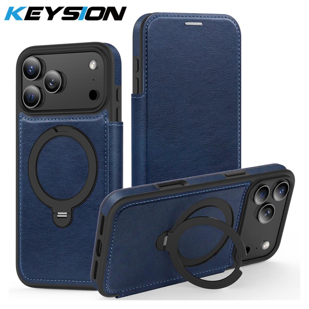 KEYSION Leather Flip Wallet Case for iPhone 15 16 17 Pro Max Air 16Plus 16e Cards Slots Magnetic 360 Ring Stand Phone Back Cover