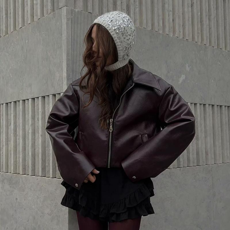 Zip Leather Jacket Women Leather Jacket Women Casual Lapel Vintage Coat