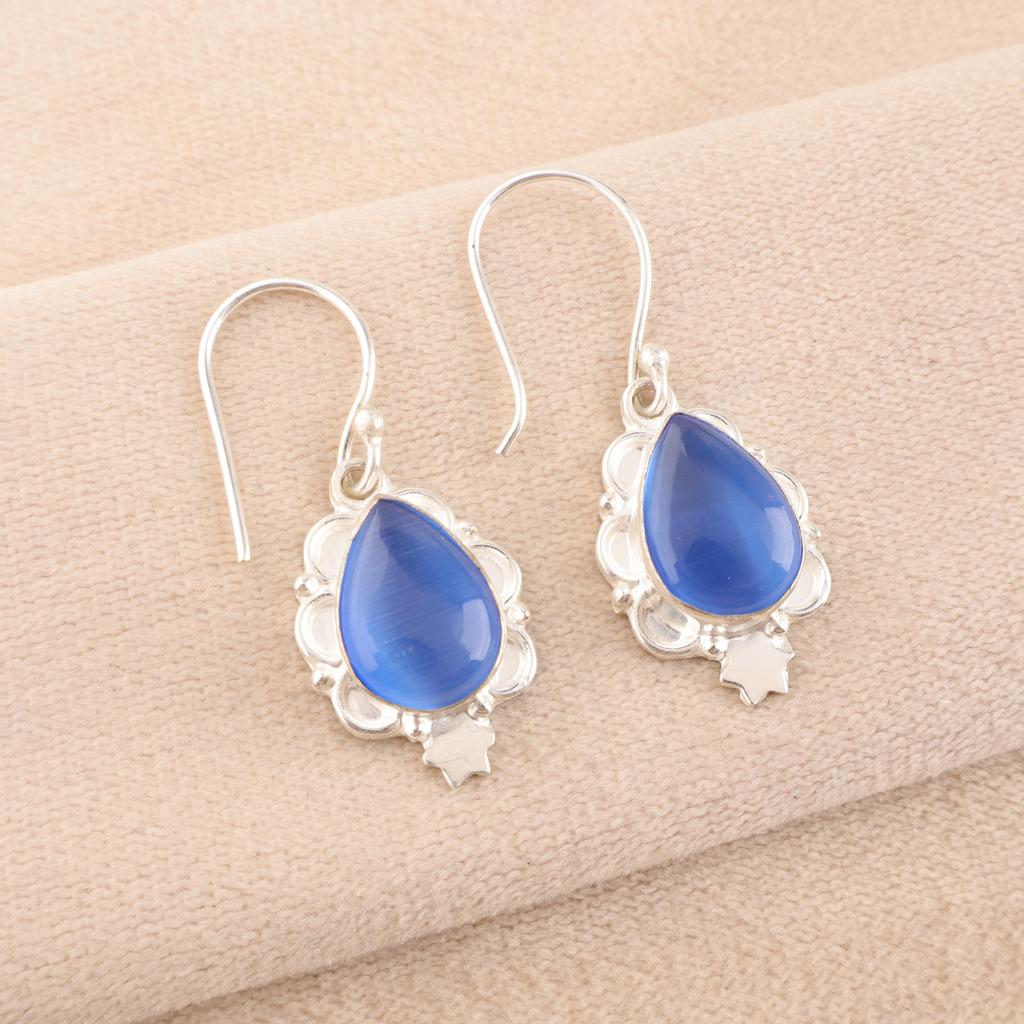 Dark Blue Cat's Eye Gemstone Earrings , 925 Solid Sterling Silver Designer Jewelry, Handmade Spiritual Earrings Gift For Sister