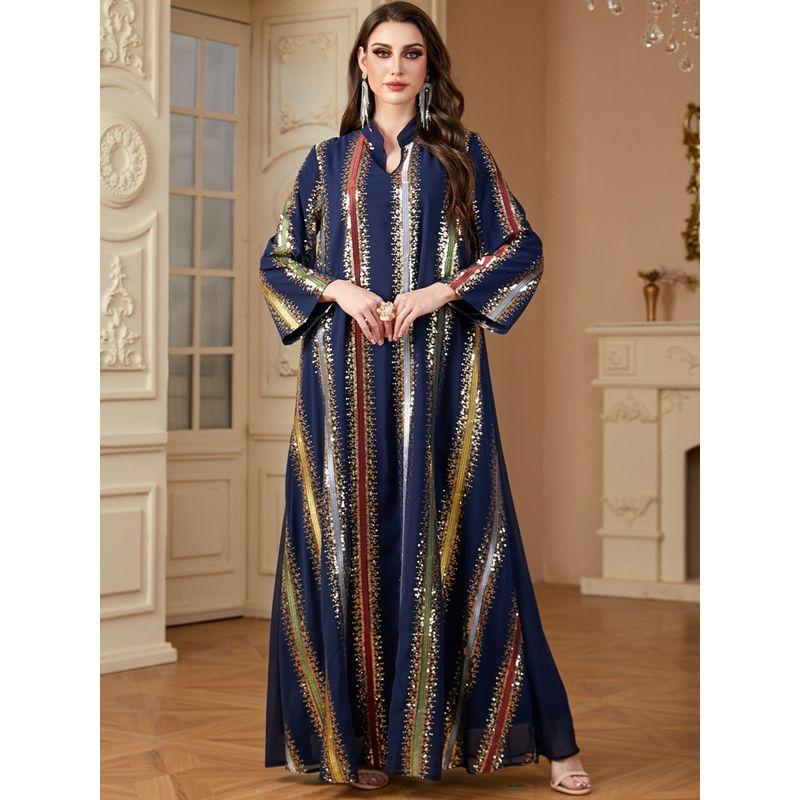 Amazon Middle East Cross-Border Robe Women Clothes Chiffon Embroidery Contrast Color Bronzing Dubai Arab DRESS