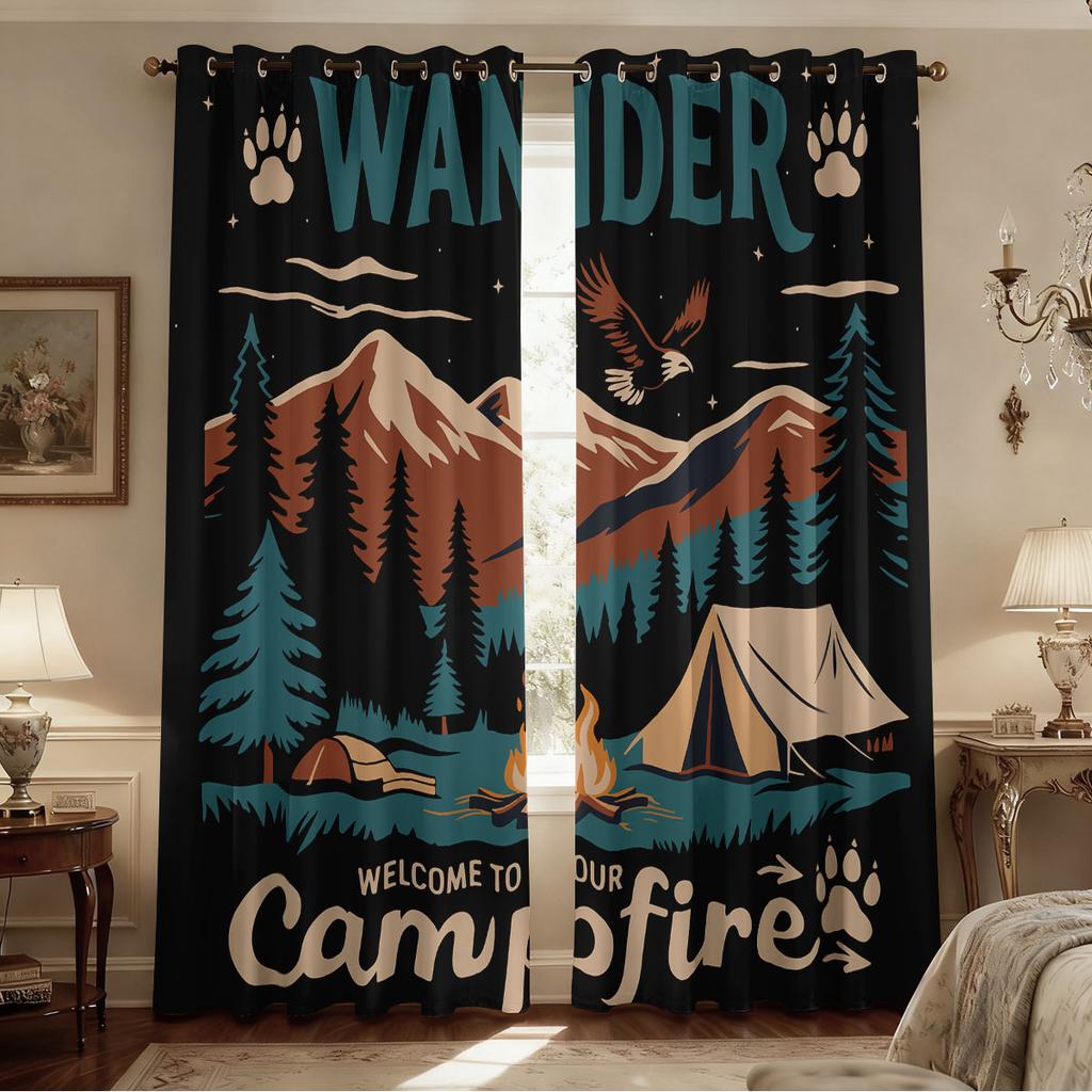 2pcs Camping Printed Perforated Blackout Curtains   Multiple Sizes For Living Room   Bedroom   Home Decoration   Easy To Install