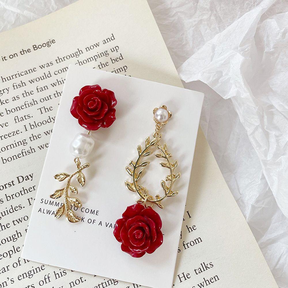 Temperament For Girls Korean Dangle Earrings Red Rose Flower Women Stud Earrings Drop Earrings